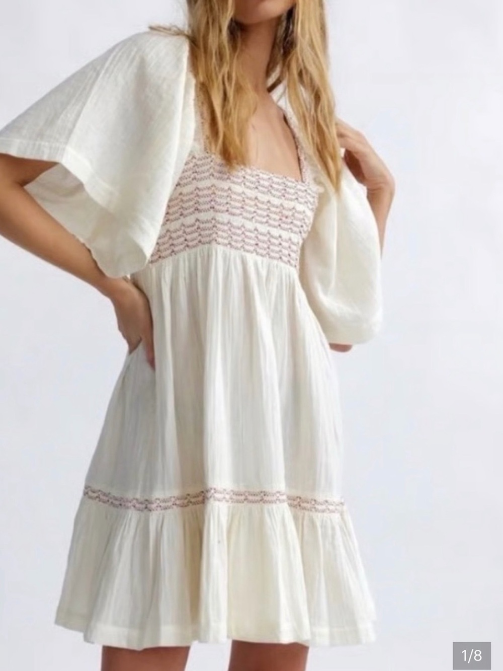 Free People Cream Smocked Mini Dress with Pink Trim